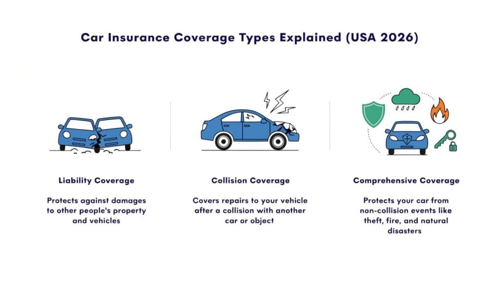 car insurance coverage types explained liability collision comprehensive USA 2026